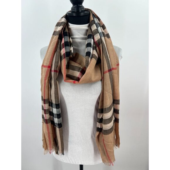 Burberry Beige Check Wool and Silk Scarf Made In Italy Soft & Lightweight - Picture 10 of 10